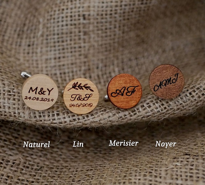 Manschettknappar i silver med graverat tr&auml; 4 storlekar att v&auml;lja mellan