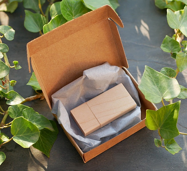 Clé USB rectangulaire en bois dans sa boîte cadeau.