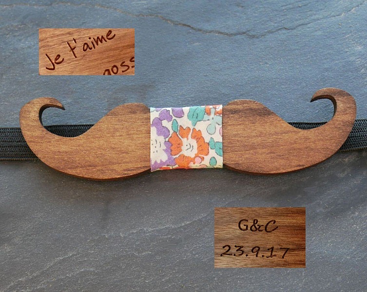 Noeud papillon moustache en bois personnalisé fabriqué en France.