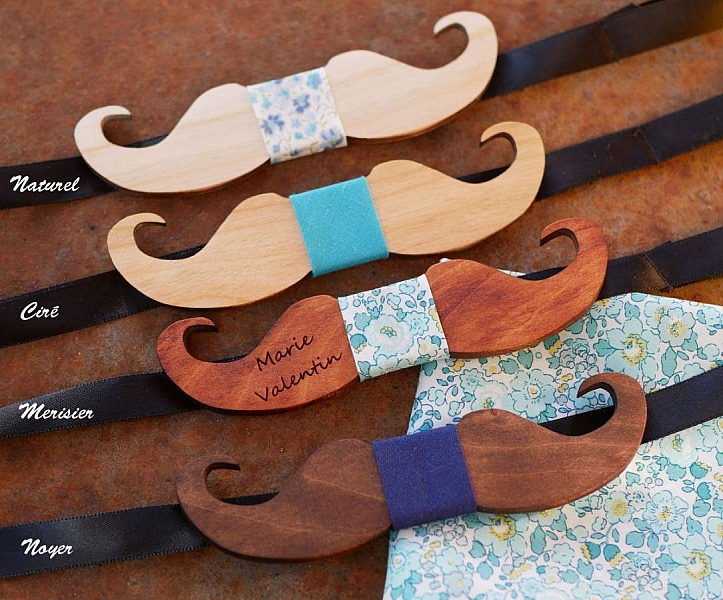 Nœuds papillon moustache en bois personnalisables fabriqués en France.