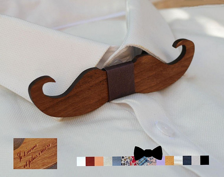 Noeud papillon moustache en bois teinté personnalisable fabriqué en France.