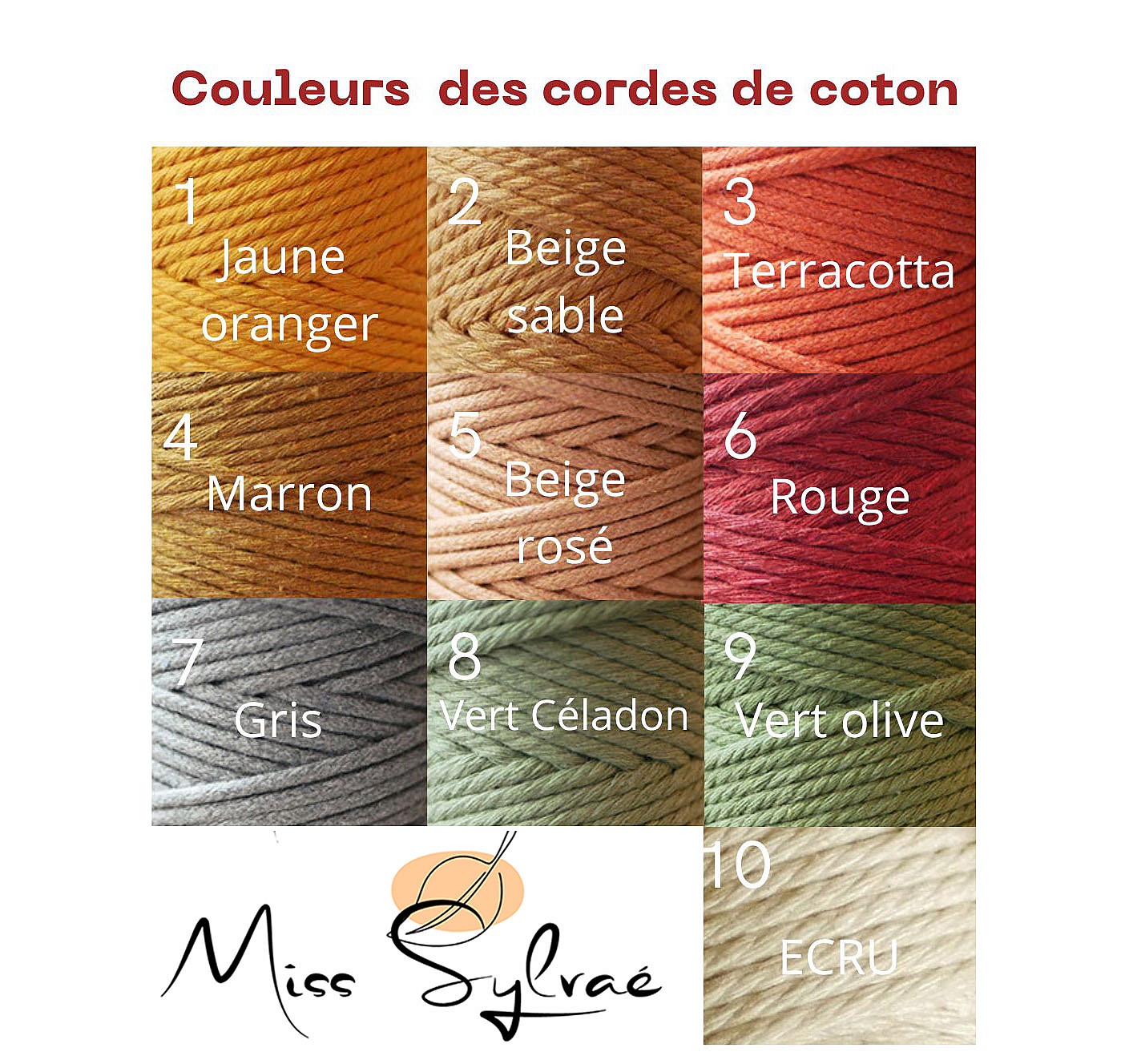 Nuancier des dix couleurs de cordes de coton macramé.